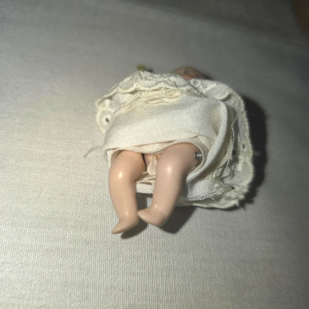 Vintage Miniature Bisque Porcelain Jointed Baby Doll White Eyelet Gown 3.5